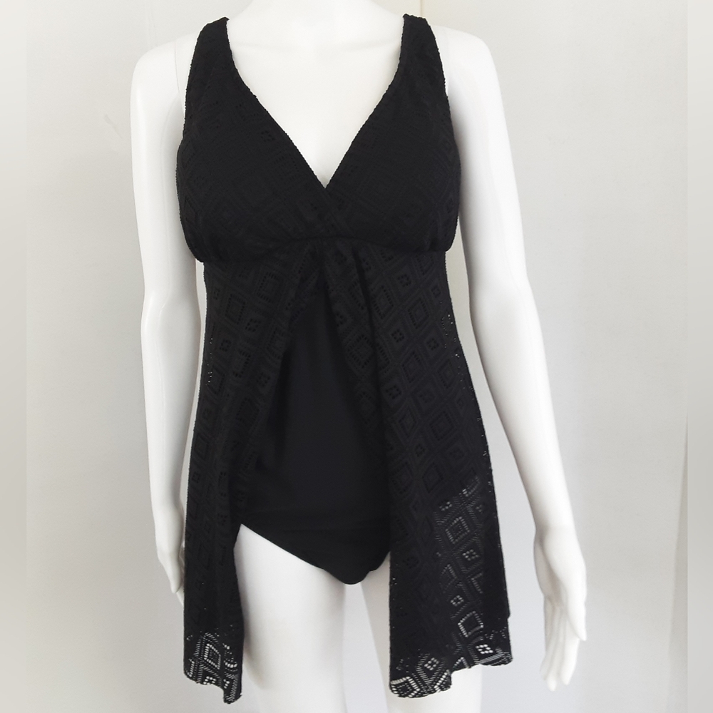 NWT Macy's Swim Solutions Black Lace Crochet One-Piece Swim Dress Sz 20W